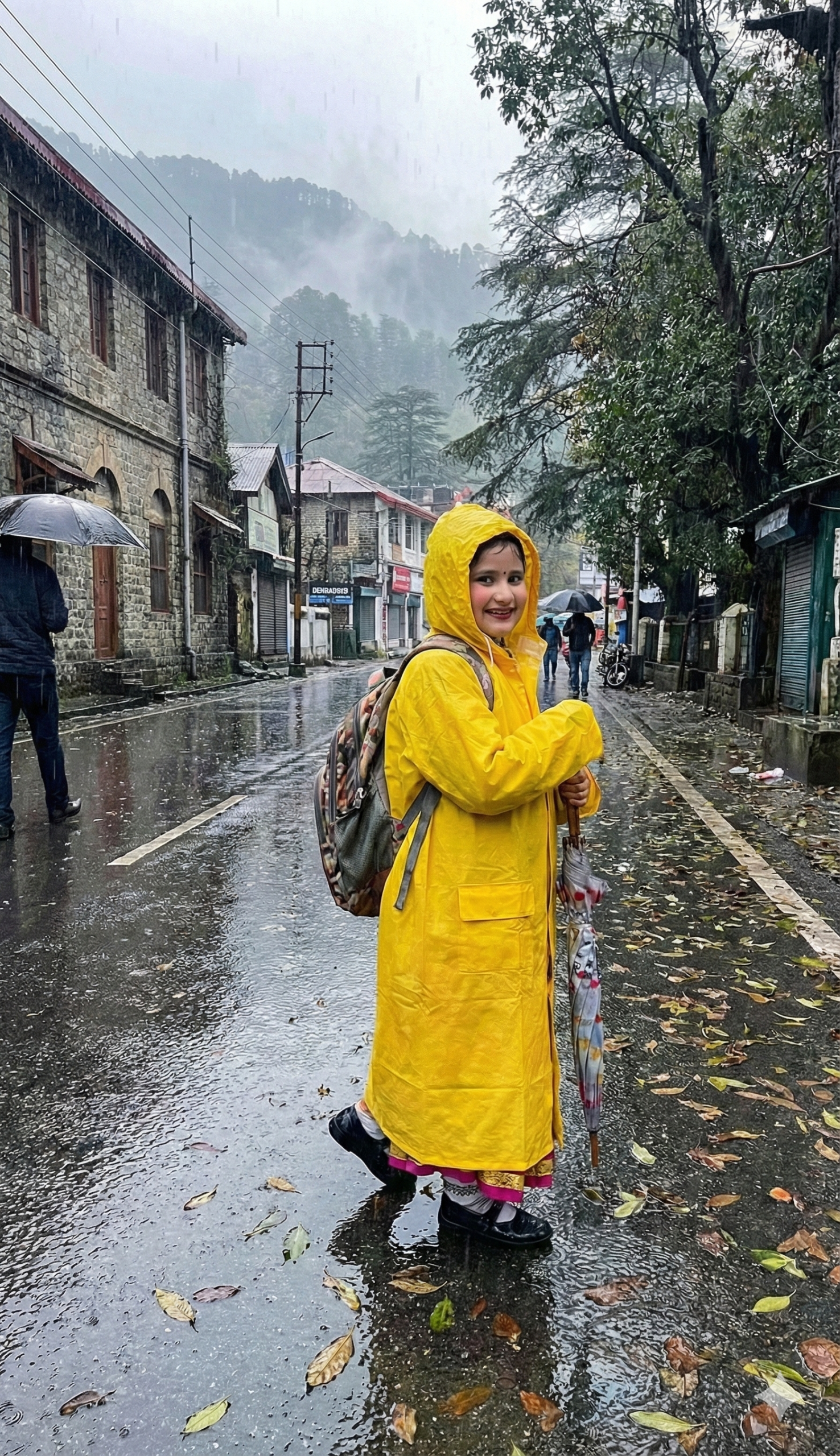 Child going to school in heavy Dehradun rain in winter